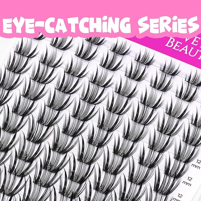 VEYESBEAUTY Crown Lash Clusters Kit Individual Lash Extensions Eye-Catching Series DIY Dramatic Eyelash Wispy Faux Mink Lash Mixed Length Tray with Bond & Seal, Applicator at Home