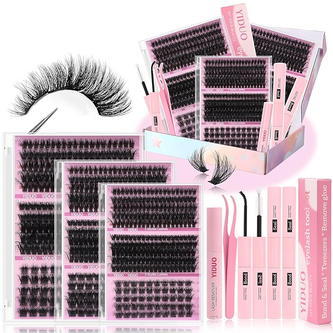 Volume Lashes Clusters Lash Kit 770Pcs with 2X Bond&Seal 5 style Mixed C-Curl False Eyelashes Extensions Kit Faux Mink Individual Wispy Lash Clusters Thick Lash Extensions DIY at Home Easily