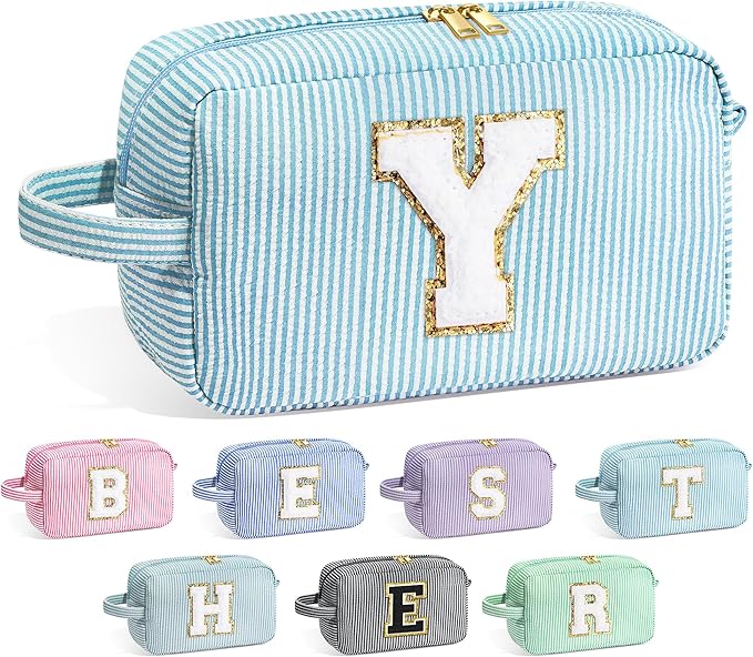 YOOLIFE Initial Makeup Bag for Women - Monogram Cute Makeup Bags Cosmetic Case Toiletry Pouch for Women Her Best Friend Sister Teacher, Personalized Birthday Gifts for Women, Light Blue Y