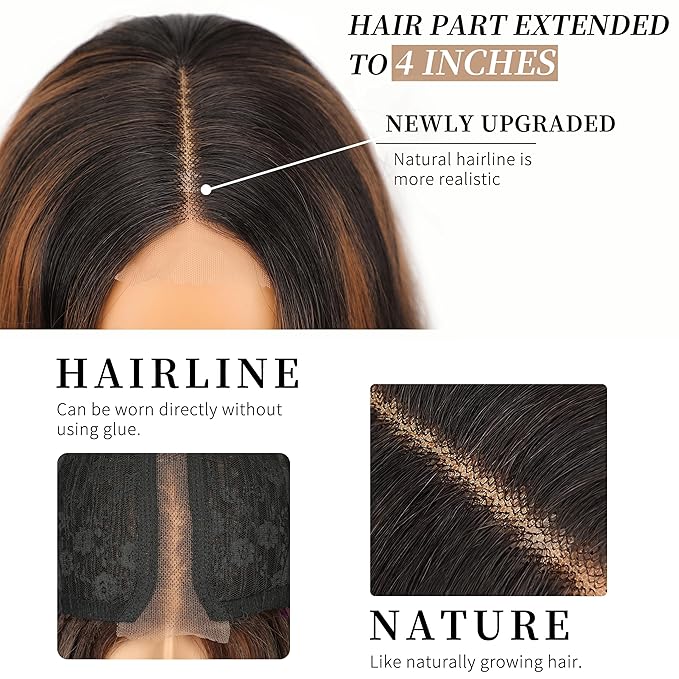 AISI HAIR Dark Brown with Highlights Wig for Women, Long Wavy Lace Hairline Middle Part Synthetic Heat Resistant Wig for Daily Party-26 Inch