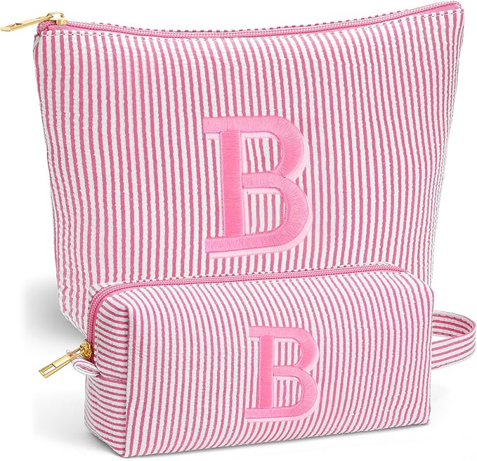 Fohufo Birthday Gifts for Women - Custom Initial Makeup Bag Set, Portable Makeup Pouch Cosmetic Bag with Zipper, Travel Essentials Toiletry Bag Travel Gifts for Women, Pink B