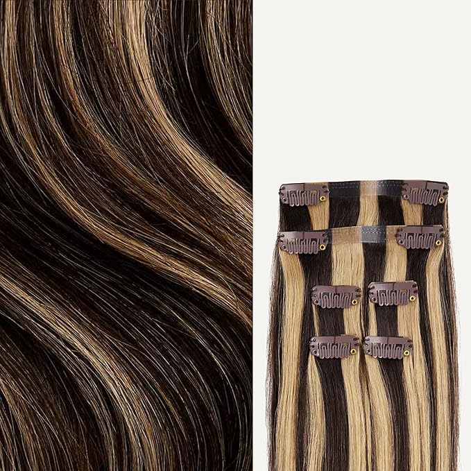 Luxy 100% Remy Human Hair Extensions for Thin Hair Thinning Hair Fill-Ins – 6 Seamless Wefts Multi-Dimensional Color Blend - Natural-Looking Volume & Coverage 50 grams 12" Mocha Brown Highlights