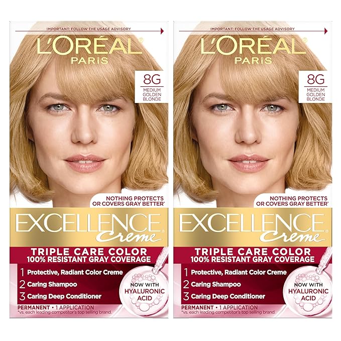 L'Oreal Paris Excellence Crème Permanent Hair Dye, Triple Care Hair Color with Hyaluronic Acid for 100% Gray Coverage, 8G Medium Golden Blonde, 1 Kit (Pack of 2) (Packaging May Vary)