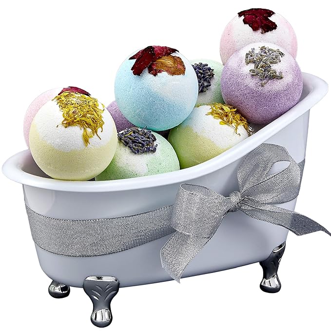 Gift Baskets for Women Holiday Gift for Teen Girls Bath Bomb Self Care Gifts for Women Spa Bath Set, Womens Gifts 10 Two Tone Bath Fizzies W Shea & Coco Butter Dry Flower Petals