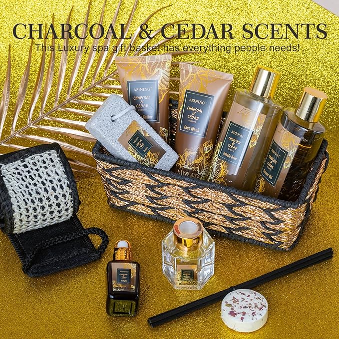 Spa Set for Women & Mens Gift, Relaxing Gifts for Men, Father's Day Gifts for Men Dad with 14PCS Charcoal & Cedar Scents Spa, Includes Bubble Bath, Shower Gel, Body Butter, Spa Kit for Mans Gift Set