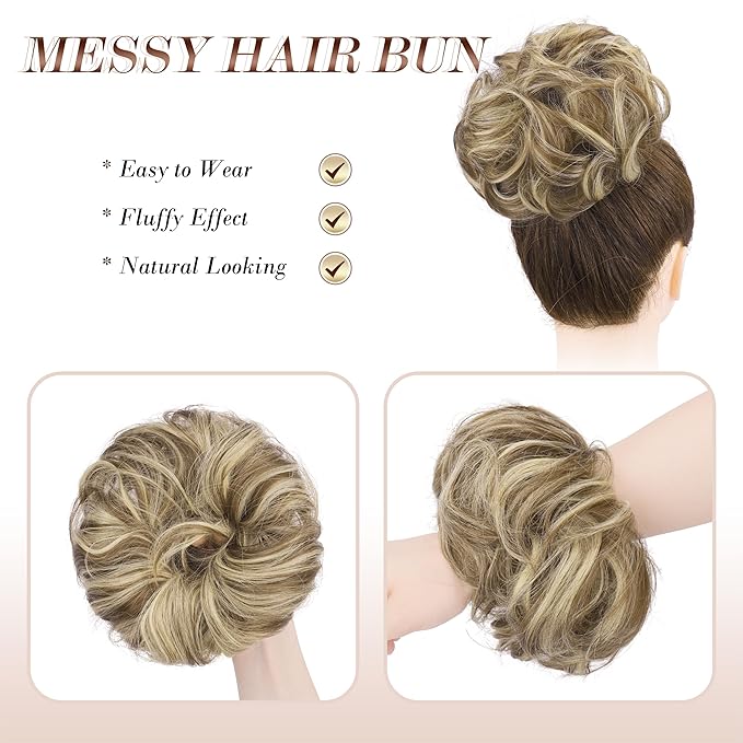 FESHFEN Messy Bun Hair Piece - Wavy Synthetic Chignon Scrunchies for Instant Volume, Elastic Bun Ponytail Hair Extensions Thick Hairpieces for Women, Brunette & Blonde 1.50 oz