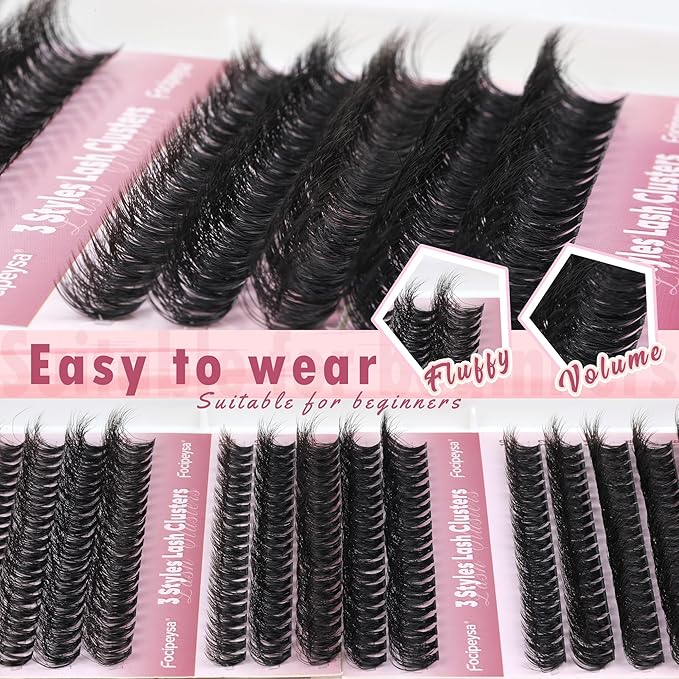 Focipeysa Lash Extension Kit 300pcs Lash Clusters Volume Eyelash Extension 60D 70D 80D Eyelash Clusters 9-16mm DIY Lash Extensions Kit with Waterproof Lash Bond and Seal and Lash Tweezers