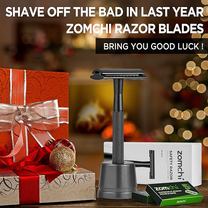 ZOMCHI Double Edge Safety Razor with 10 Safety Razor Blades, Single Blade Razor for Men with Razor Stand, Men's Safety Shaving Razors – Black