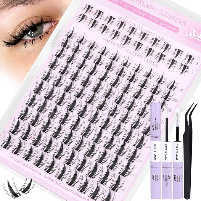 Fairy Lash Clusters Kit with Bottom Lashes Natural Eyelash Clusters Kit Wispy Lash Extensions Spikes C Curly Manga Eyelash Extensions Kit with Lash Bond and Seal Manga Wet-Look Individual Lashes Kit