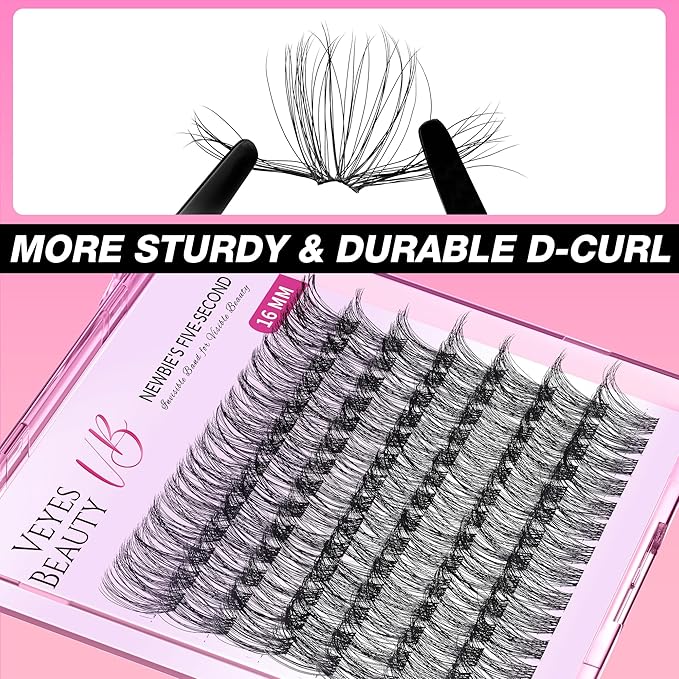 VEYESBEAUTY Lash Clusters Individual Eyelash Extensions Thin & Invisible Band DIY False Eyelashes for Self-application Newbie's Five-Second Series Wispy Lash Tray, Boldeye 16mm Single Length