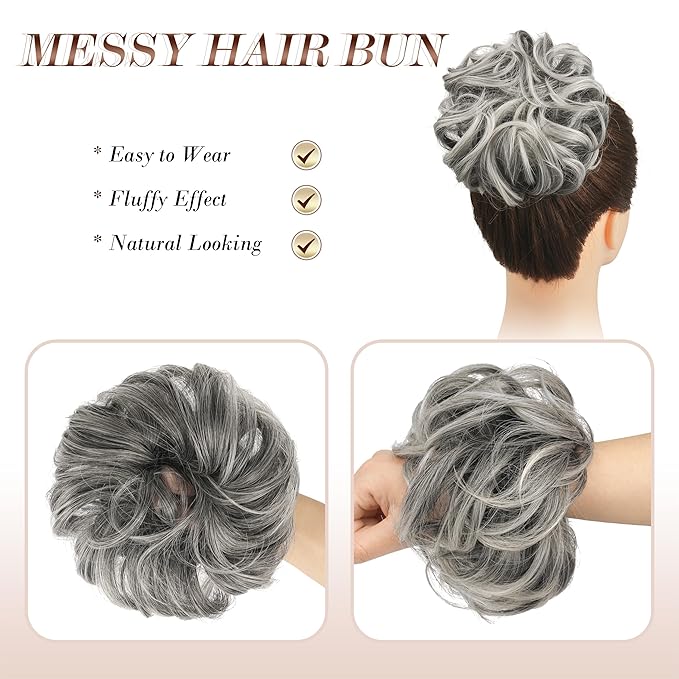 FESHFEN Messy Bun Hair Piece - Wavy Synthetic Chignon Scrunchies for Instant Volume, Elastic Bun Ponytail Hair Extensions Thick Hairpieces for Women, Black Gray and White Tips 1.50 oz