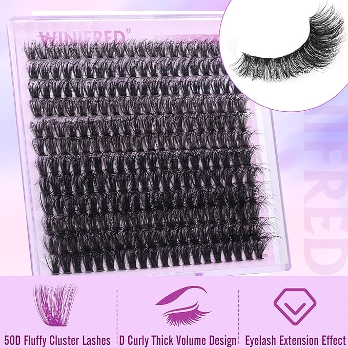 Winifred Cluster Eyelash Extensions Wispy Lash Clusters Thick Volume Individual Lashes 50D Lash Extension D Curvature Eyelash Clusters 16mm DIY Faux Mink Eyelash Extension (240pcs)