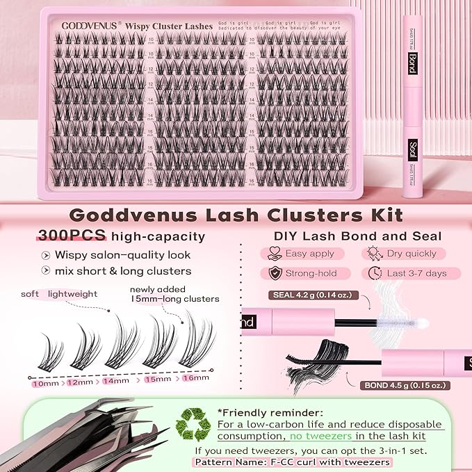 Lash Clusters Kit Wispy Eyelash Clusters Lashes Natural DIY Lash Extension Kit 10-16mm Cluster Eyelash Extensions Kit 300pcs C Curl Individual Lashes Cluster Eyelash (No Tweezers)
