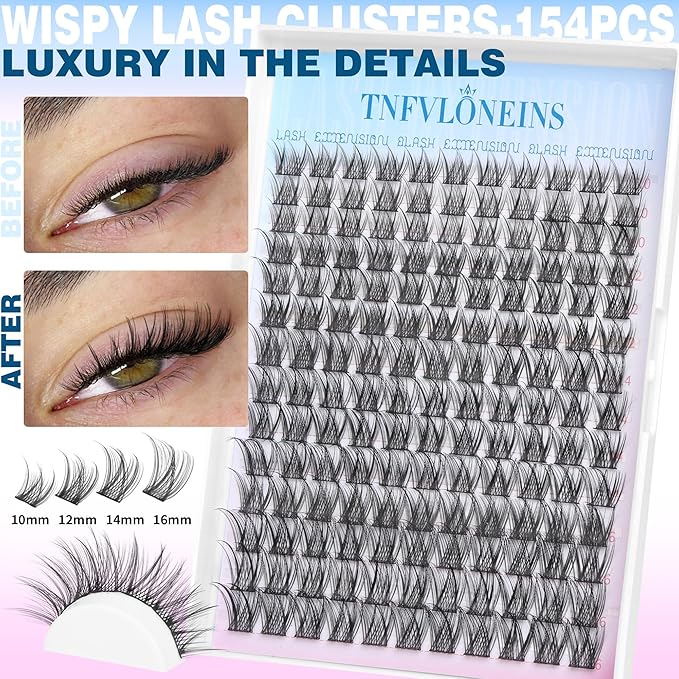 Natural Eyelash Clusters Wispy Lash Clusters 154Pcs Cluster Eyelash Extensions Individual Lashes Natural Look DIY Soft Lash Extension Pestañas Postizas Naturals TNFVLONEINS