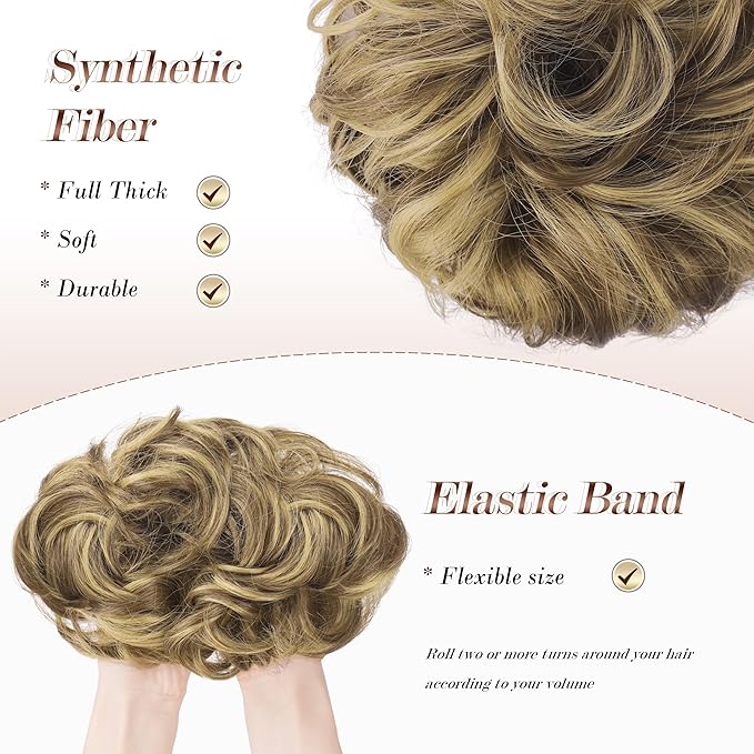 FESHFEN Large Messy Bun Hair Piece - Wavy Synthetic Chignon Scrunchies Elastic Ponytail Hair Extensions Thick Hairpieces for Women, Ash Brown & Blonde 1.94oz