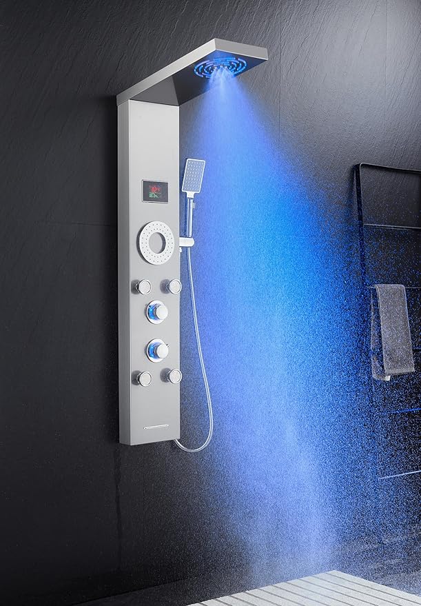 TSIBOMU LED Shower Panel Tower System, Stainless Steel Rainfall & Mist Shower Tower, 5 Body Jets, Handheld Shower, Tub Spout and Hydroelectricity Temperature Display, Brushed Nickel