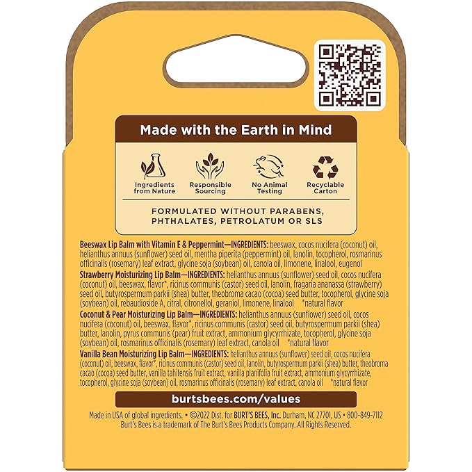 Burt's Bees Lip Balm, Beeswax, Strawberry, Coconut and Pear, and Vanilla Bean Pack, With Responsibly Sourced Beeswax, Tint-Free, Natural Lip Treatment, 4 Tubes, 0.15 oz.