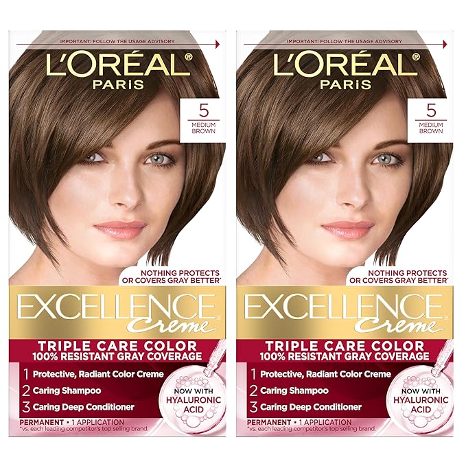 L'Oreal Paris Excellence Crème Permanent Hair Dye, Triple Care Hair Color with Hyaluronic Acid for 100% Gray Coverage, 5 Medium Brown, 1 Kit (Pack of 2) (Packaging May Vary)