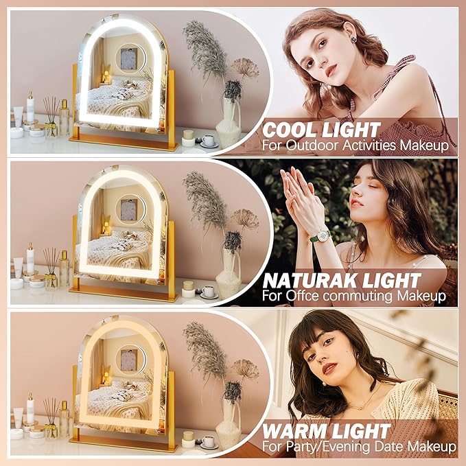 FENNIO Large Vanity Mirror with Lights - 15.5"x13" LED Lighted Makeup Mirror with Lights, 10X Magnification, Touch Screen with 3-Color Lighting, Dimmable, for Vanity Desk Tabletop, Bedroom（Gold）