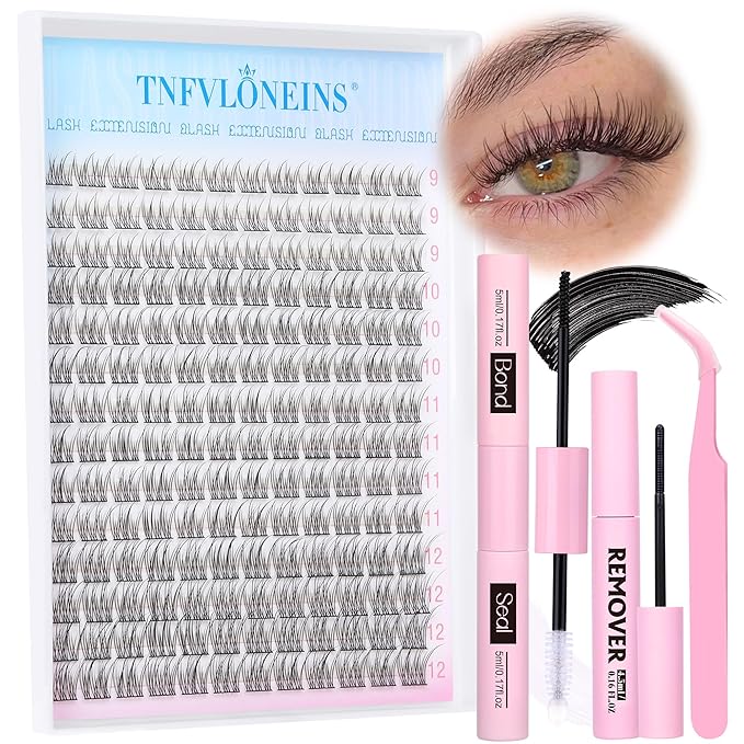Natural Lash Extension Kit Wispy Lash Clusters Kit 168Pcs Eyelash Extension Kit 9-12MM Eyelash Clusters Lashes Individual Kit with Remover for Lash Extension, Bond and Seal and Tweezers by TNFVLONEINS