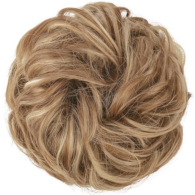 FESHFEN Messy Bun Hair Piece - Wavy Synthetic Chignon Scrunchies for Instant Volume, Elastic Bun Ponytail Hair Extensions Thick Hairpieces for Women, Light Brown & Mixed Blonde 1.50 oz