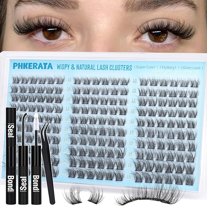 Lash Clusters Kit Natural Eyelash Clusters Wispy Lash Extension Kit 180Pcs Cluster Eyelash Extensions Kit 10-16mm C Curly Individual Lashes Soft with Lash Bond and Seal, Lash Tweezers