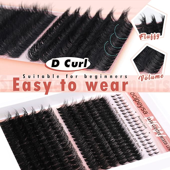 Focipeysa Lash Extension Kit Full Volume Eyelash Extension kit with Lash Bond and Seal Thick Lash Clusters DIY Lash Extensions Kit Wispy Individual Lashes 12-18mm DIY D-Curly Lash Extension