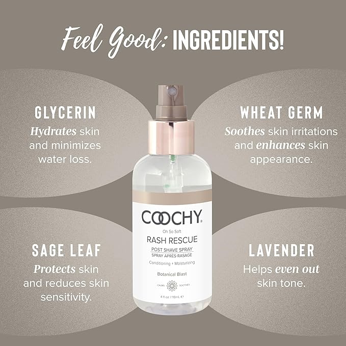 Coochy Rash Rescue Post Shave Spray - Natural Hydrating After Shave Skincare Moisturizer - Ingrown Hair Body Mist - Botanical Blast, 4 fl oz/118 mL