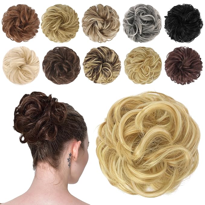 FESHFEN Messy Bun Hair Piece - Wavy Synthetic Chignon Scrunchies for Instant Volume, Elastic Bun Ponytail Hair Extensions Thick Hairpieces for Women, Strawberry Blonde & Bleach Blonde 1.50 oz