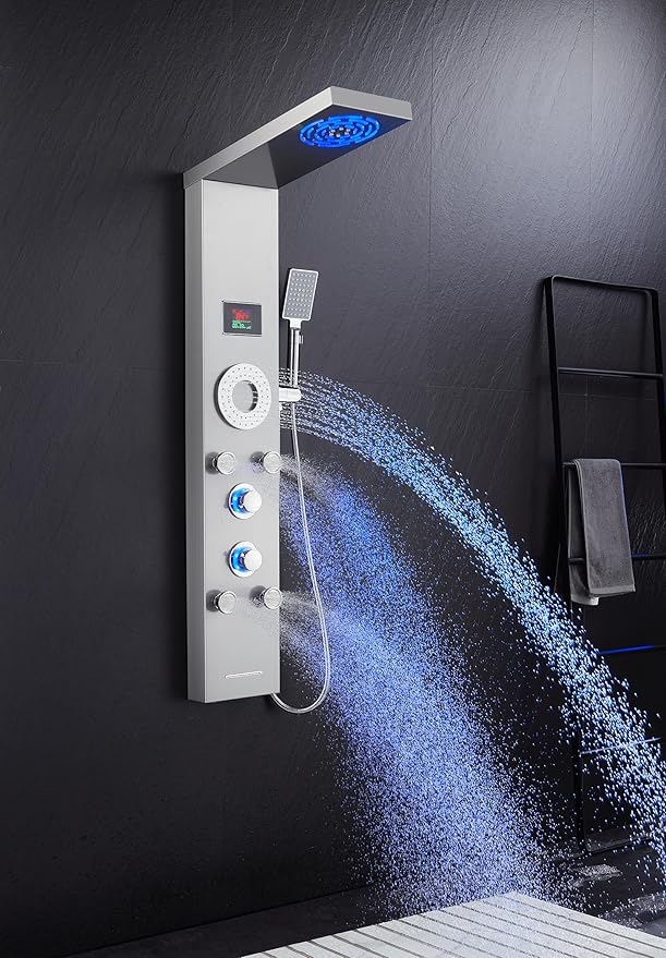 TSIBOMU LED Shower Panel Tower System, Stainless Steel Rainfall & Mist Shower Tower, 5 Body Jets, Handheld Shower, Tub Spout and Hydroelectricity Temperature Display, Brushed Nickel