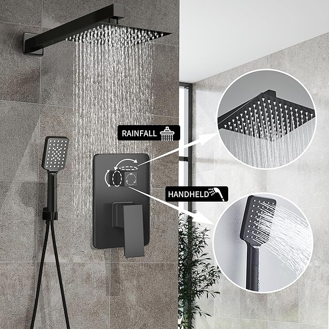 LCEVCGK Shower Head Matte Black, Shower Faucet Set Bathroom Shower System with 8 inch Square Rain Shower Head Wall Mounted with 3-Setting Handheld Spray, Rainfall Shower Combo Set