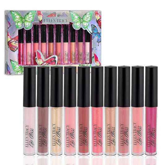 Enchante Ellen Tracy 10 Pc Lip Gloss Collection, Shimmery Lip Glosses for Women and Girls, Long Lasting Lip Gloss Set with Rich Varied Colors, Great Holiday and Birthday Gift