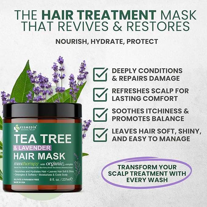 Tea Tree Oil Hair Mask for Dry Hair & Scalp, Deep Conditioning Hair Mask for Damaged Hair Treatment with Biotin & Argan Oil, Itchy Scalp Relief, Natural Hydrating Hair Mask for Men & Women | Tea Tree Hair Mask