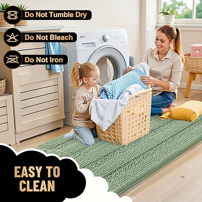 OLANLY Thick Bathroom Rugs 44x24, Extra Soft Absorbent Chenille Striped Bath Rugs, Rubber Backing, Machine Wash Dry, Bath Mats for Bathroom Floor, Tub and Shower, Home Decor Accessories, Sage Green