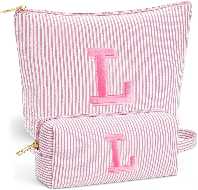 Fohufo Travel Toiletry and Makeup Bag - Travel Essentials for Women, Light Pink Initial Makeup Bags for Hair Ties, Clips, Brushes, Sponges, Lipsticks, Blush, Eyelash Curler, Easy to Carry, Letter L