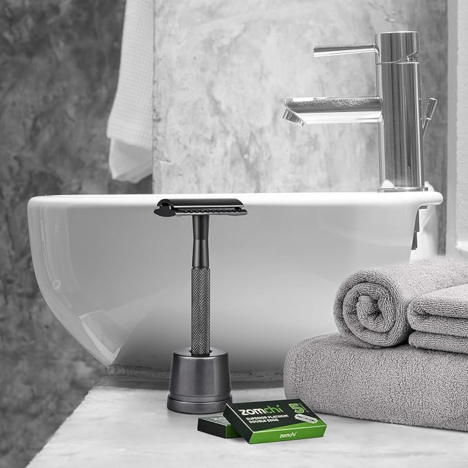 ZOMCHI Double Edge Safety Razor with 10 Safety Razor Blades, Single Blade Razor for Men with Razor Stand, Men's Safety Shaving Razors – Black