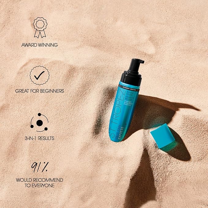 St.Tropez Express Mousse 6.7 Fl Oz with Applicator Mitt | Fast Acting Tan, Develops in 1-3 Hours | Double Sided Luxe Mitt for Streak-Free Tan | Vegan & Cruelty Free