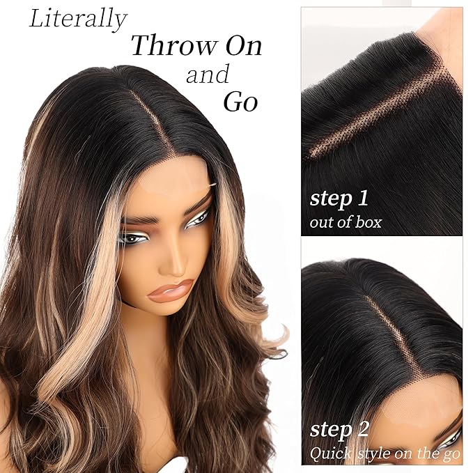 AISI HAIR Dark Brown Mixed Light Blonde Wig for Women, Long Wavy Lace Hairline Middle Part Synthetic Heat Resistant Wig for Daily Party-26 Inch