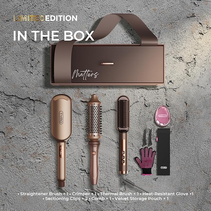 TYMO Limited Edition Styling Set - Include TYMO ROVY Hair Crimper Wave Curling Iron & Ring Plus Straightener Brush & STYLUX Thermal Brush, 3 in 1 Ionic Hair Curler Tool Set for Women