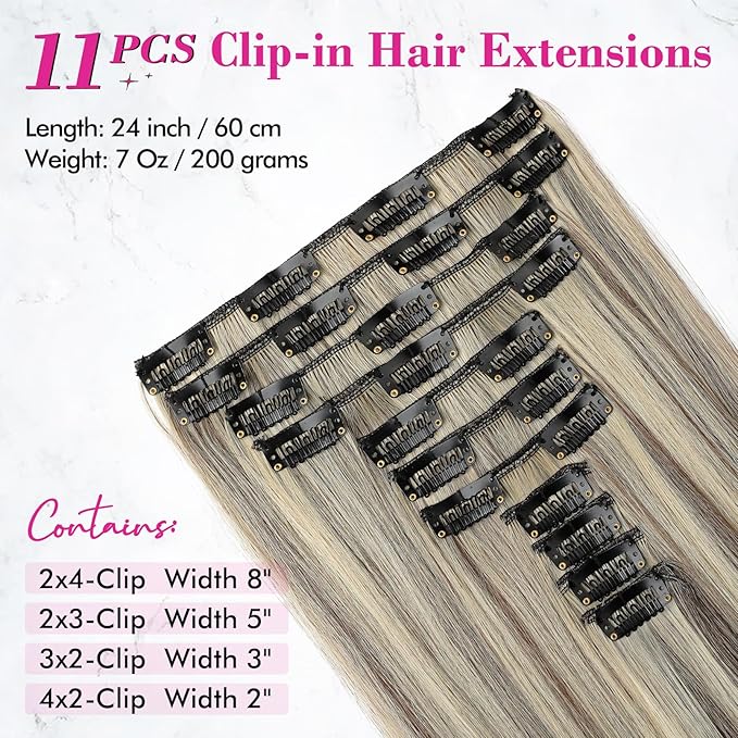 REECHO Hair Extensions, 11PCS Clip in Hair Extensions 24" Long Straight hair extensions HE005 Natural Soft Synthetic Hairpieces for Women – Ash Brown with Platinum Blonde Highlights