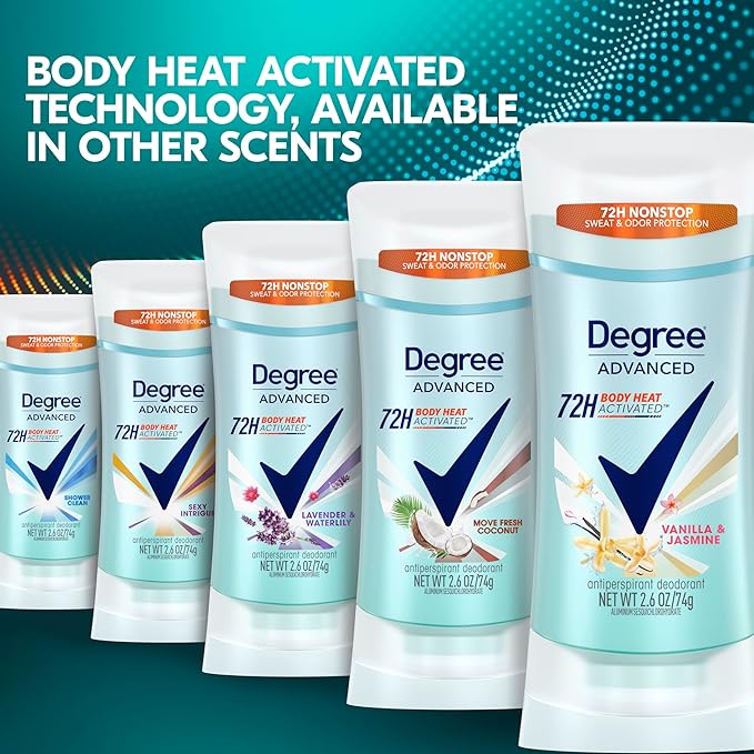 Degree Advanced Protection Antiperspirant Deodorant Vanilla & Jasmine for 72-Hour Sweat & Odor Control for Women, with Body Heat Activated Technology, 2.6 oz (Pack of 2)