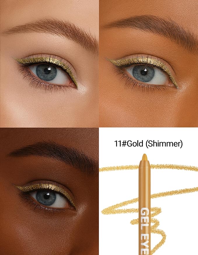 Erinde Waterproof Gold Eyeliner Pencil, Creamy Gel Waterline Eye Liner Pen, Smooth Glide, Long Lasting, Waterproof, Sharpenable & Smudge Proof Eyeliner Pencil for Sensitive Eye, Cruelty-Free, 11