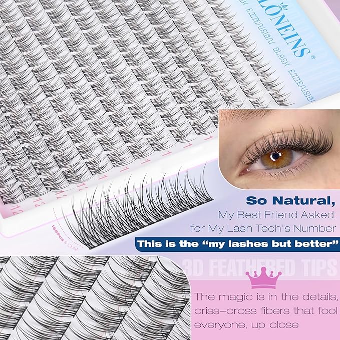 Natural Lash Extension Kit 168Pcs Lash Clusters Kit Wispy Eyelash Extensions 9-12MM Individual Lashes Extensions with Bond and Seal Lash Glue and Eyelash Extension Tweezers DIY at Home by TNFVLONEINS