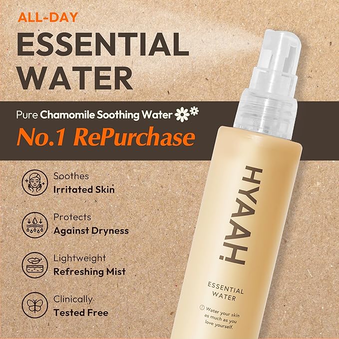 HYAAH All-Day Essential Water - Korean Face Mist Spray - Hydrating Soothing with Chamomile Extract and Houttuynia Cordata - Moisturizing, Calming, Pore Care Daily Skincare, 3.38oz