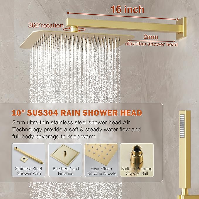 HoliSpa Gold Shower System, Shower Faucet Set with 10-Inch Rain Showerhead and Handheld Spray, Wall Mounted High-Pressure Showerhead Combo Set Included Valve and Trim, Brushed Gold