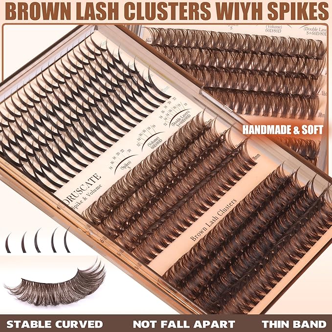 CORUSCATE Brown Lash Clusters with Spikes 60D80D Cluster Eyelash Extensions 12-22mm DIY Spiky Individual Lashes Mega Eyelash Clusters Volume Mink Strip Cluster Lashes