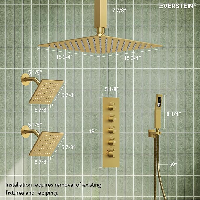 EVERSTEIN Thermostatic Shower system, 16, 6 in. Bathroom Shower Set Wall Mount Dual Shower Head Faucet in Brushed Gold
