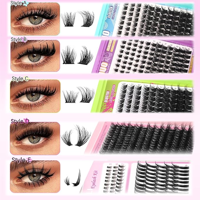 Lash Clusters Kit 6 Styles Bulk Packs Eyelash Extensions Volume/Manga/ultra/Dramatic with pikes Bottom Lashes Clusters Kit 5-20mm Wispy D Curl Individual Fake Eyelashes Kit DIY at Home Easily