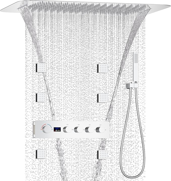 KATAIS Polished Chrome Shower System with Digital Temperature Display, 16x24 inch Ceiling Shower(Rain&Waterfall Modes), with 6 PCS Body Jet and Handheld Spray