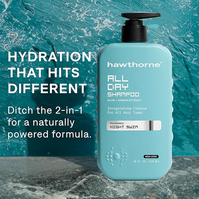 Hawthorne All Day Men's Shampoo. Sulfate Free, Paraben Free, Mens Natural Shampoo With Argan and Coconut Oil. For Stronger, Moisturized, Healthier Hair. Night Swim Cologne Scent. 16 fl. oz. 2-Pack.